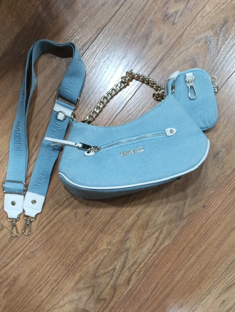 Madden NYC Powder Blue Crossbody Bag with Gold Chain